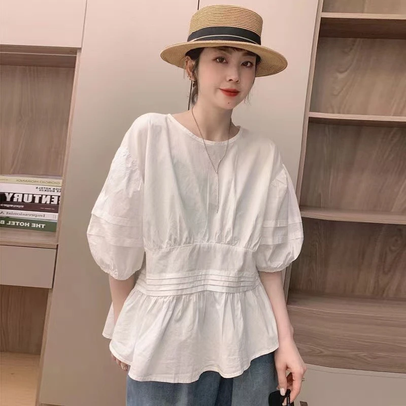 娃娃衫上衣夏季女韩版宽松衬衣甜美洋气a字蓬蓬小衫中袖衬衫白色