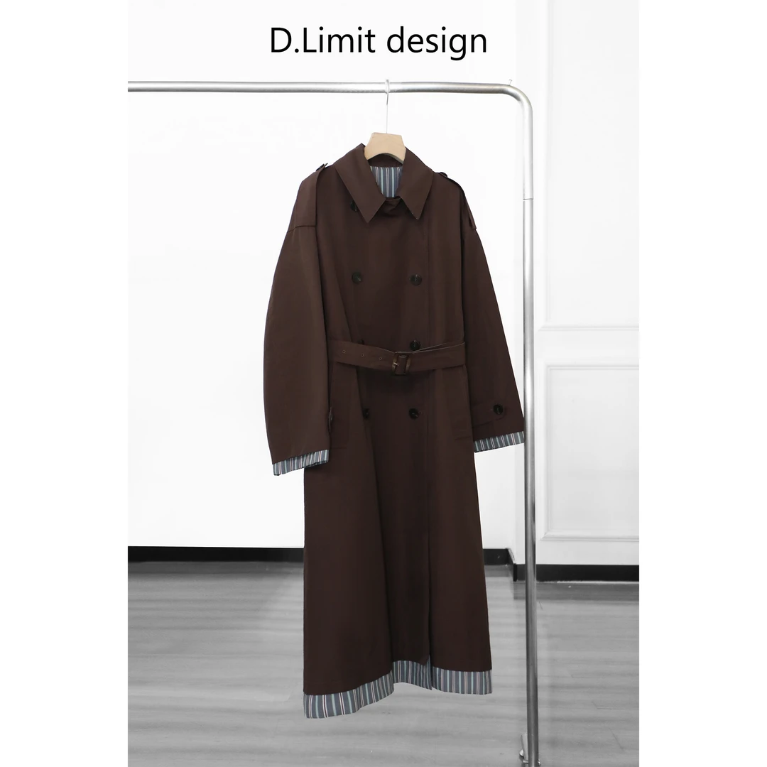 【D.Limit design】翻领双排扣腰带长款风衣DLOB286