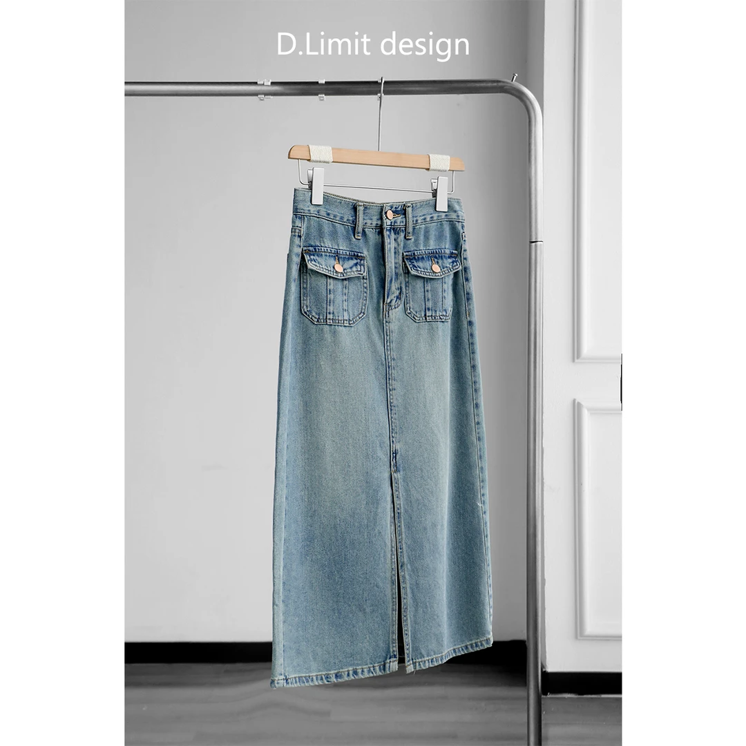 【D.Limitdesign】时尚复古做旧开衩聚酯纤维牛仔半身裙极简显瘦