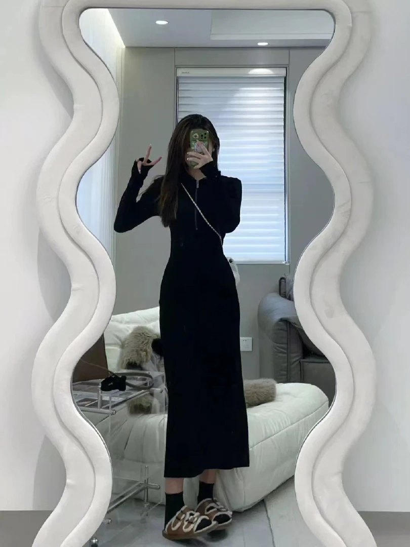 【薇薇领拉链连衣裙】YANJIN A08250女款显瘦气质黑色女装连衣裙