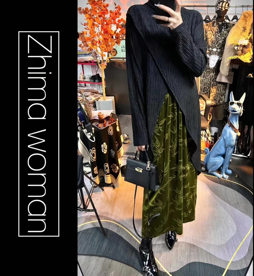 （抹茶黑巧）8276设计感中长款开叉松慵懒风叠穿上衣加丝绒套裙套装