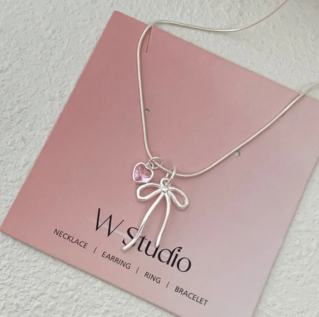 链子925银 925银蝴蝶结粉钻蛇骨链小众项链锁骨链吊坠链长45cm