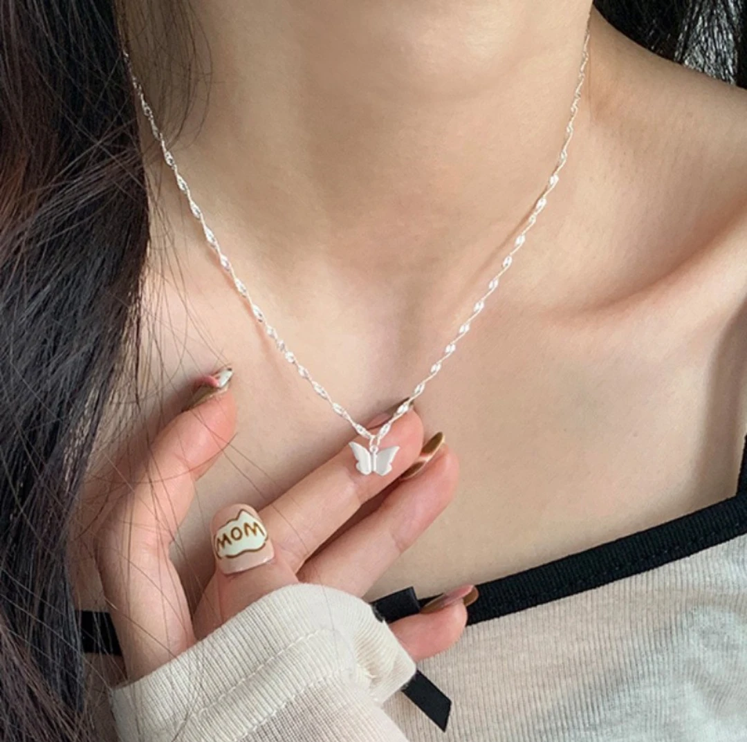 链子925银 925银蝴蝶闪闪项链