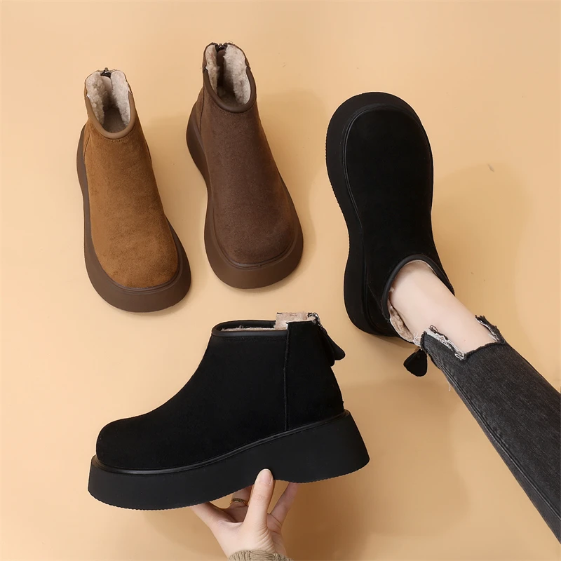 复古圆头增高短筒靴女2025冬季新款加绒加厚保暖防寒显脚小大棉鞋