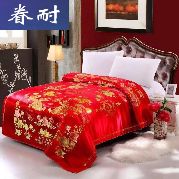 眷耐 杭州丝绸被面婚庆被面子七彩织锦缎龙凤红全花百子鸳鸯