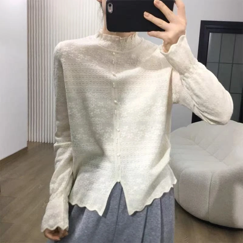 【女婿家！】欧根纱蕾丝钉珠高品质厚款秋冬打底衫女针织上衣洋气