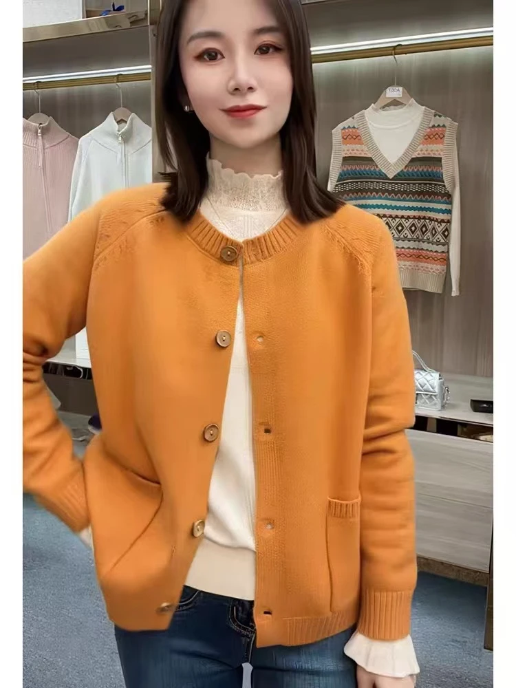 纯色双口袋针织衫开衫别致韩版慵懒风宽松单排扣毛衣外套长袖上衣