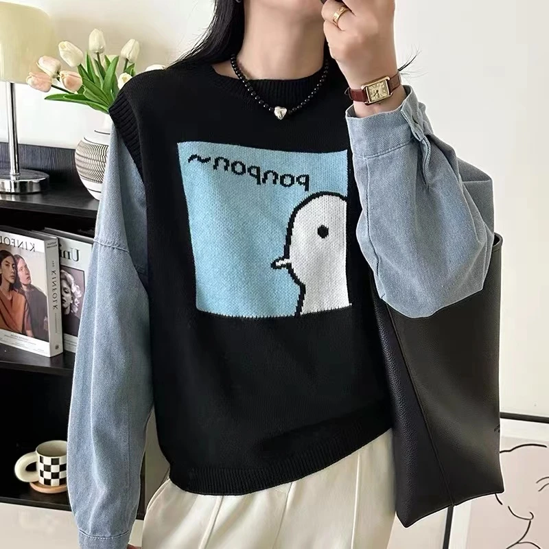 【女婿家】秋冬新款牛仔袖拼接假两件毛衣女时尚卡通宽松针织上衣