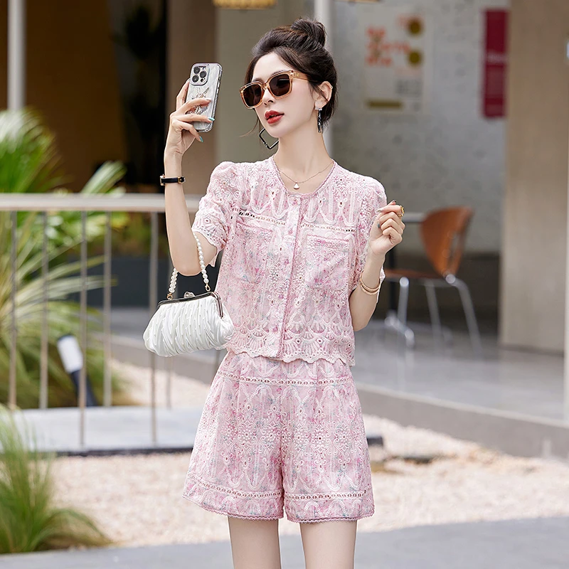 小香风蕾丝套装女2025夏季新款法式复古绣花小个子短袖短裤两件套