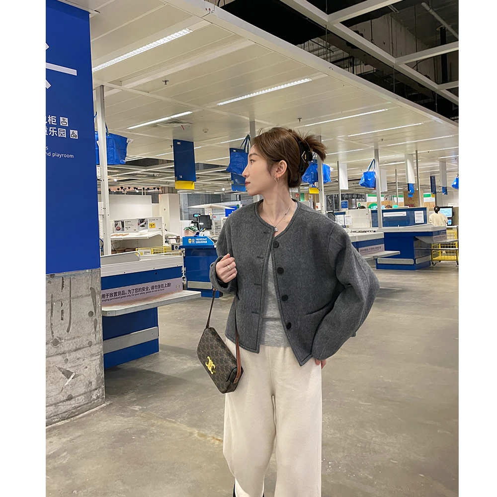 韩版休闲时尚小香风短款手缝大衣