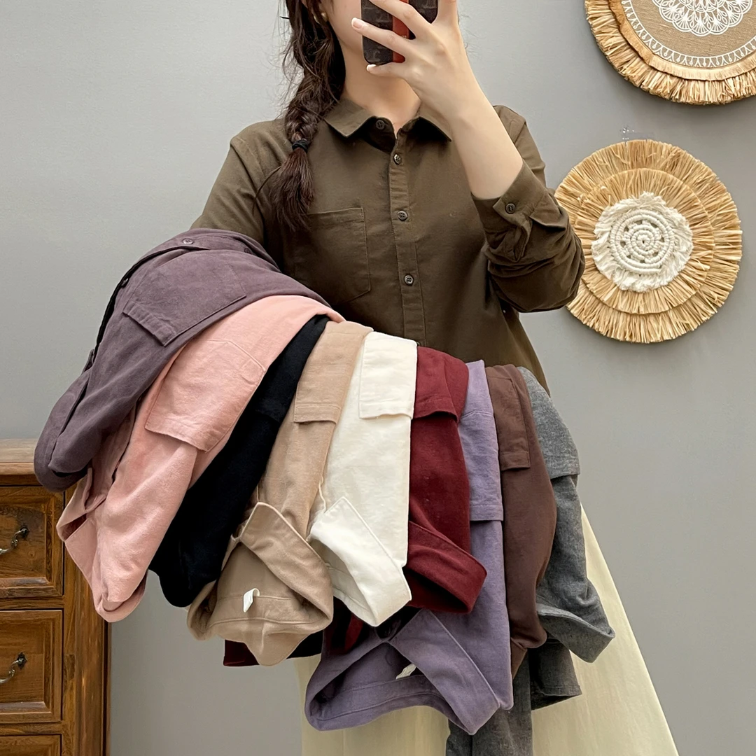 纯棉磨毛衬衫秋冬新款百搭宽松时尚长袖上衣叠穿衬衣爆款打底衬衣