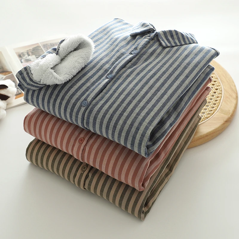 秋冬新款保暖加绒加厚双层棉纱婴儿棉长袖衬衫减龄显瘦百搭条纹