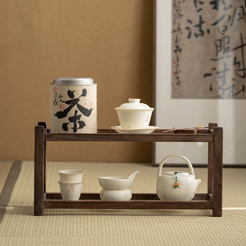 胡桃木玻璃收纳中式博古架家用茶台桌面置物架茶桌茶具茶边收纳柜