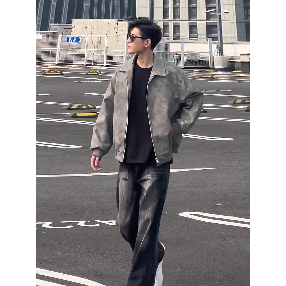 痞帅风美式cleanfit短款夹克复古做旧翻领机车皮衣外套加棉加厚