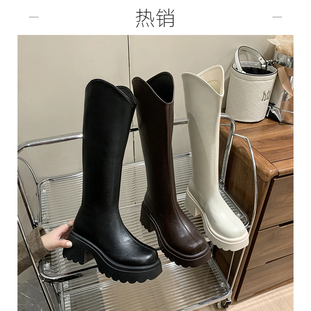 啄木鸟网红时尚厚底V口不过膝长筒靴女2025新款显瘦瘦瘦靴骑士靴