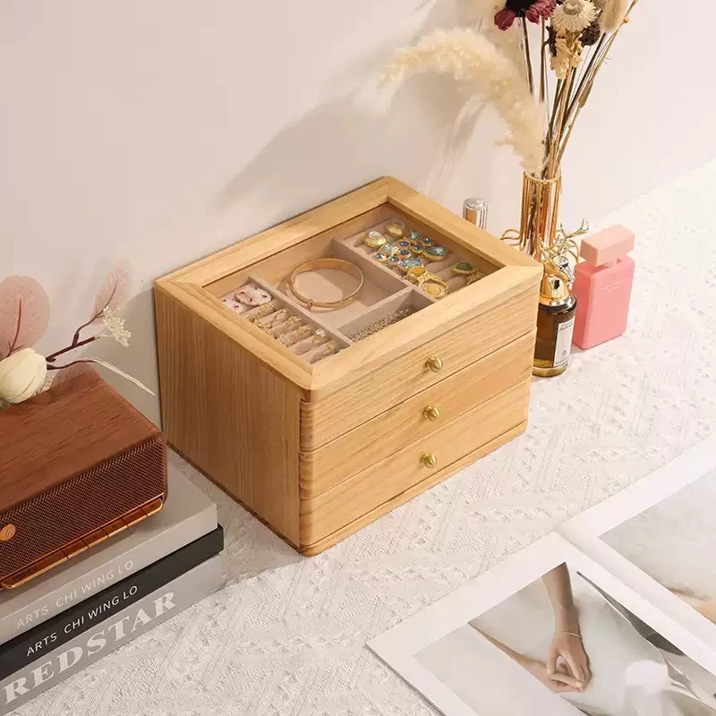 首饰盒/箱 顶部可视首饰收纳盒多层实木精致黄金珠宝生日结婚礼物
