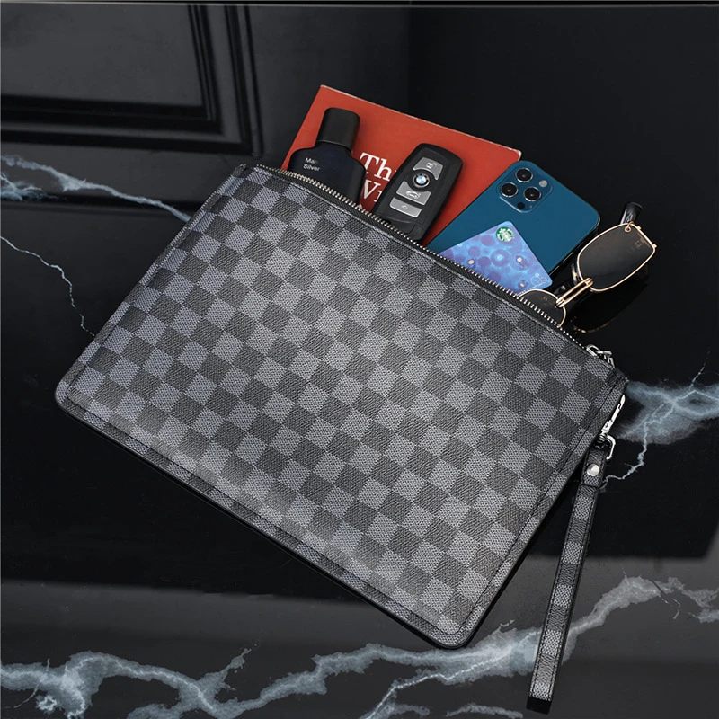 2023商务棋盘格男包简约休闲男士手拿包pu潮男商务时尚格子潮流