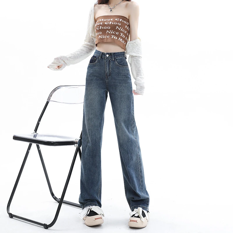 阔腿牛仔裤女小众设计感2025新款春季女装高腰宽松小个子直筒裤