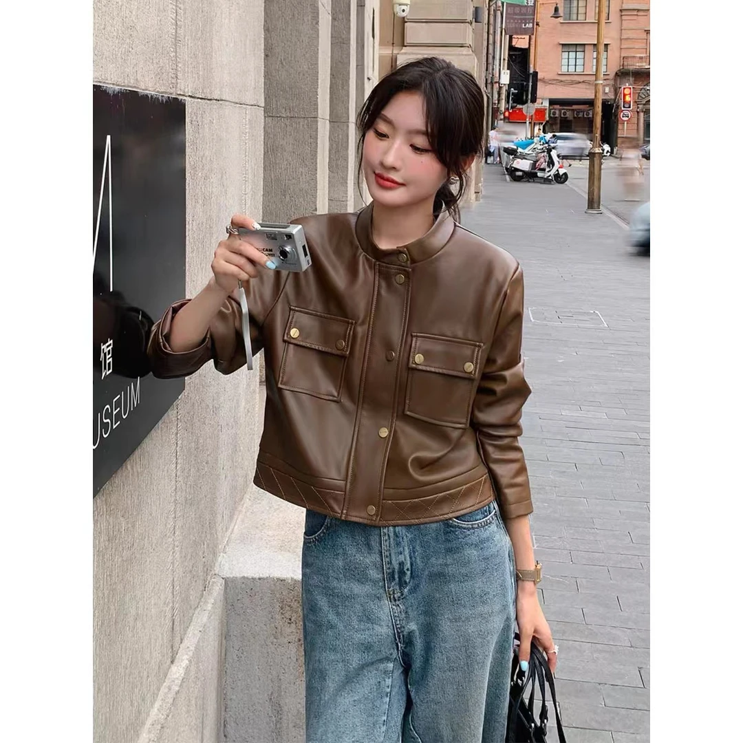 小静折扣~N1223L  立领痞帅带垫肩短款皮衣外套（卡码拍大）