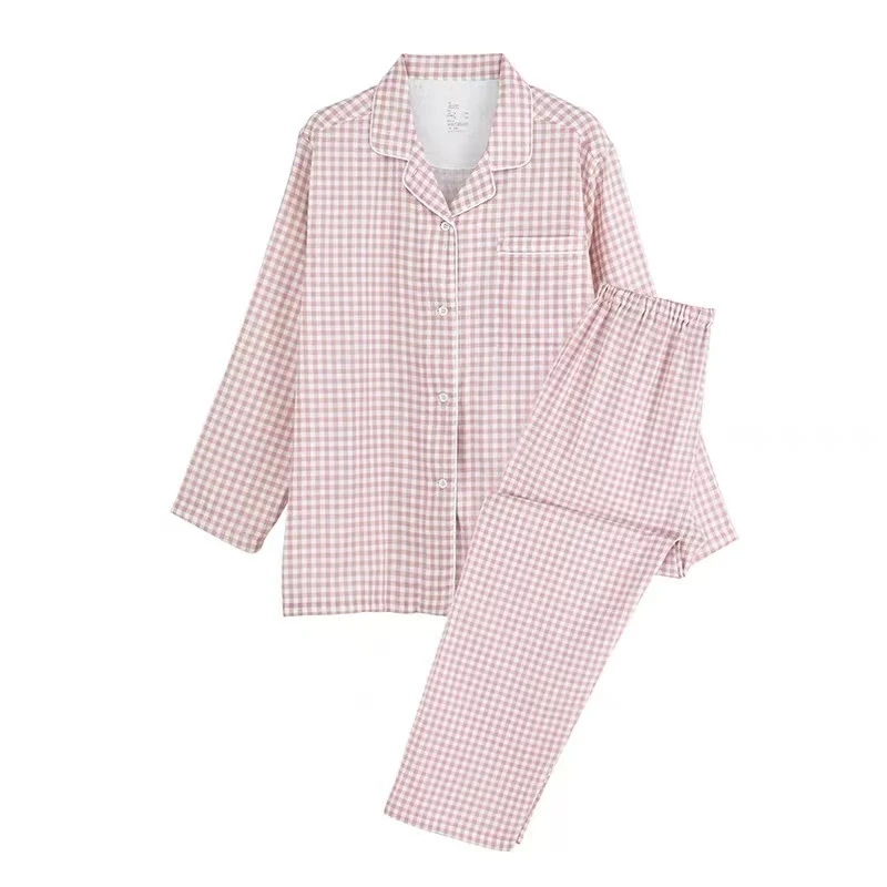 小静折扣~A775Q双层纱无侧缝男女款格子家居服睡衣套装 （卡码拍大