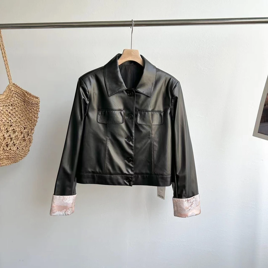 小静折扣U311L   新中式提花拼接袖口短款短款皮衣外套（卡码拍大）