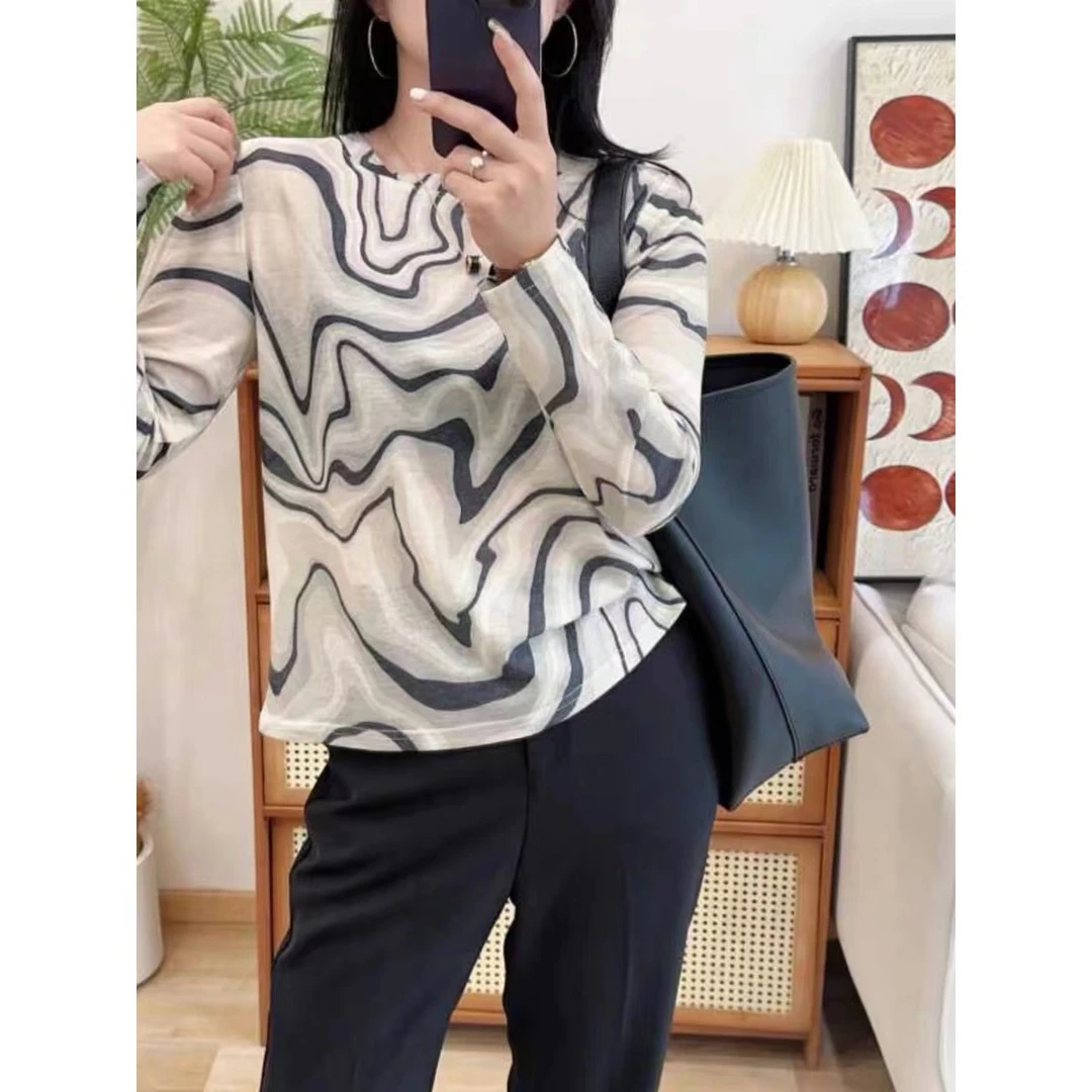 N1119A  圆领不规则水波纹薄款长袖T恤  （衣长58（80-140斤）