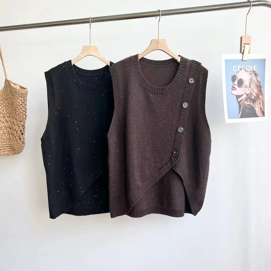 P381P  闭门襟亮丝亮片不规则叠穿无袖针织背心（衣长70（90-150斤）