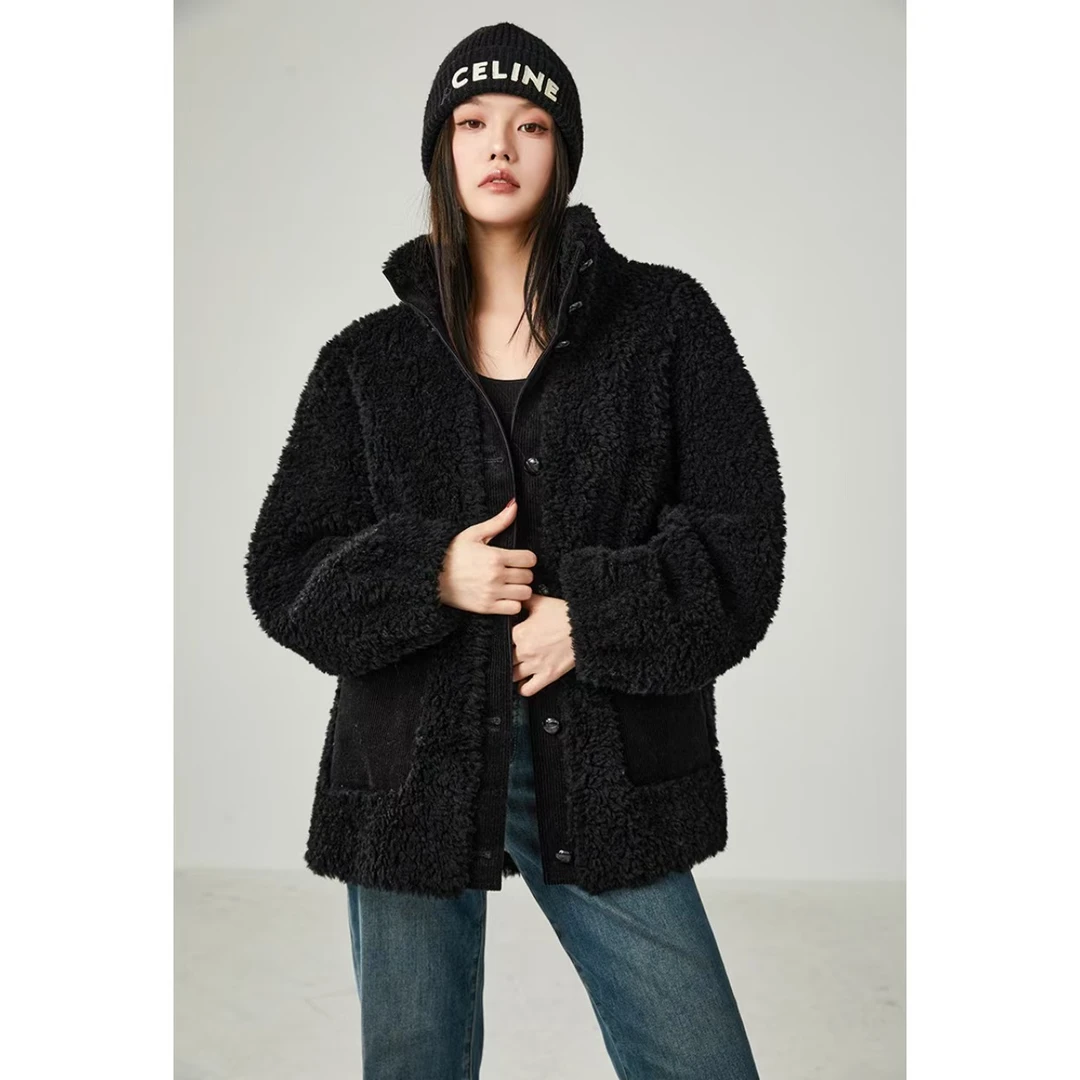 小静折扣~U416P  灯芯绒拼接保暖毛毛外套 （卡码拍大）