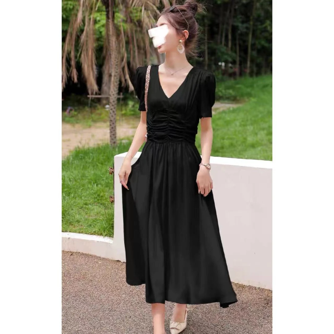 N1978W  后拉链V领前胸细褶褶皱碎花/纯色短袖连衣裙（卡码拍大）