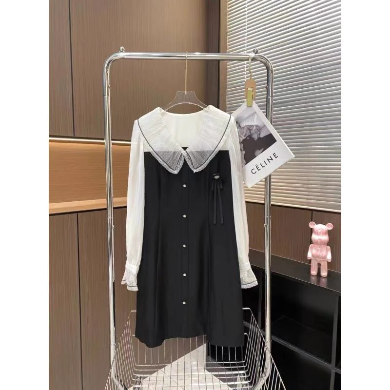 A209P 蕾丝翻领珠光感收腰甜美雪纺袖拼接中长款连衣裙(禁止浸泡)