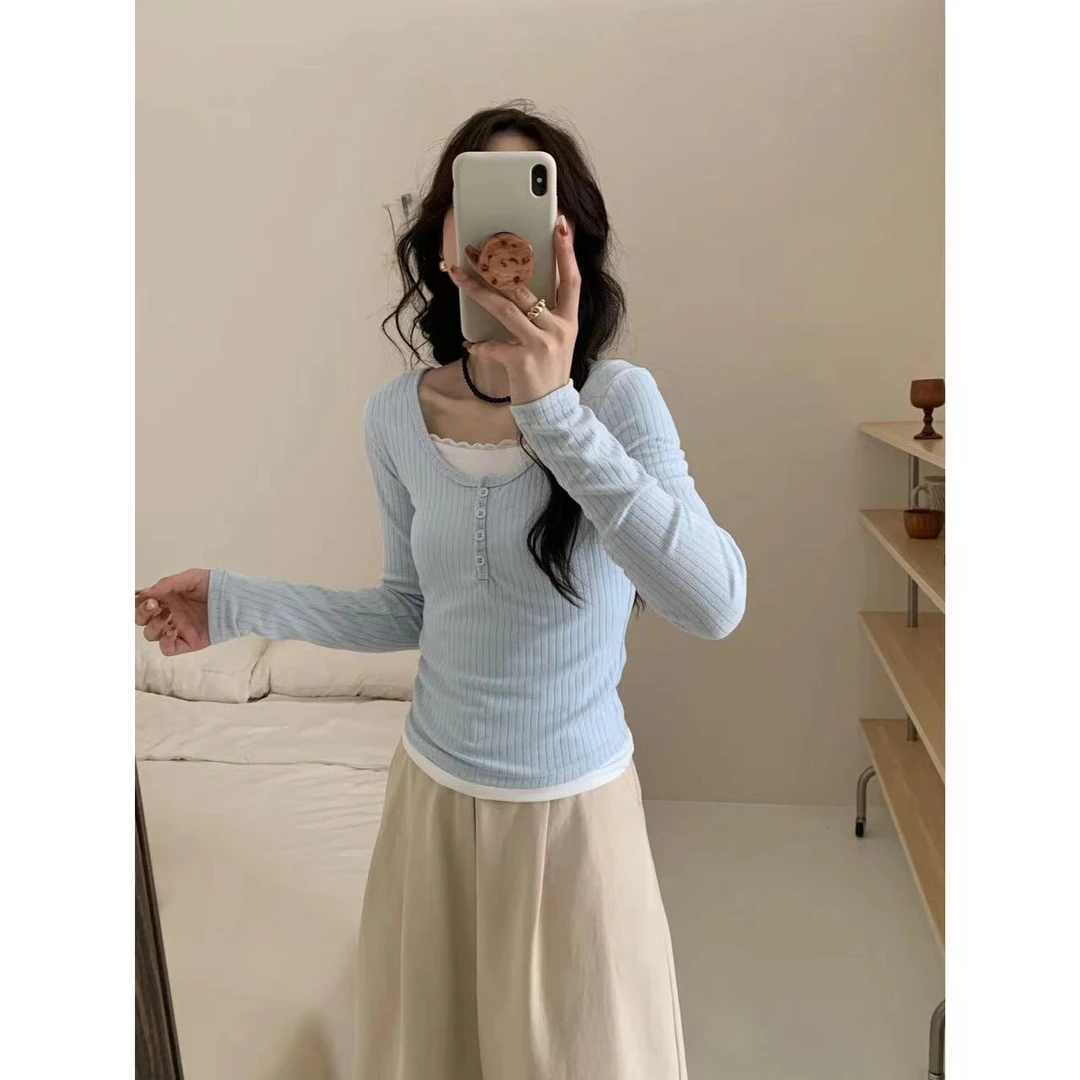 小静折扣N1115A     撞色拼接假两件长袖蕾丝衫（卡码拍大）