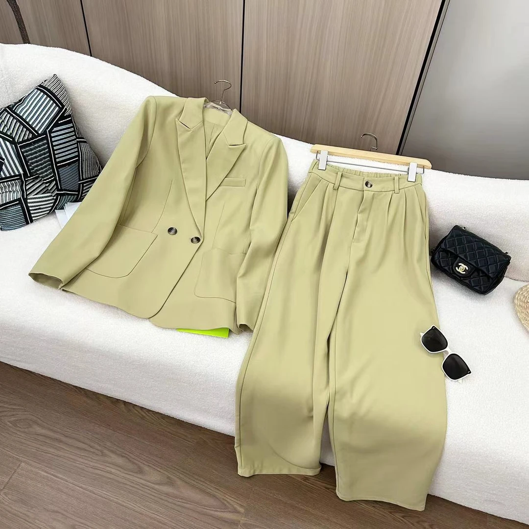 N2167W  含垫肩西装外套+一粒扣半松紧阔腿裤西服套装（卡码拍大）