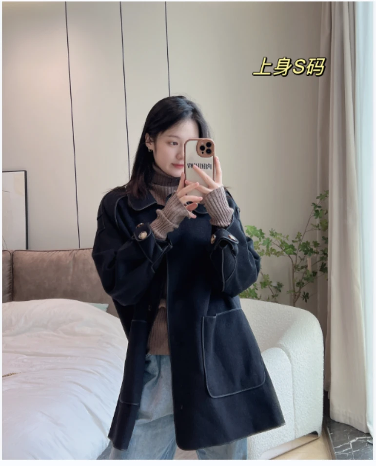 气质宽松时尚秋冬中长款百搭小个子毛呢羊毛大衣KL85时尚黑色休闲