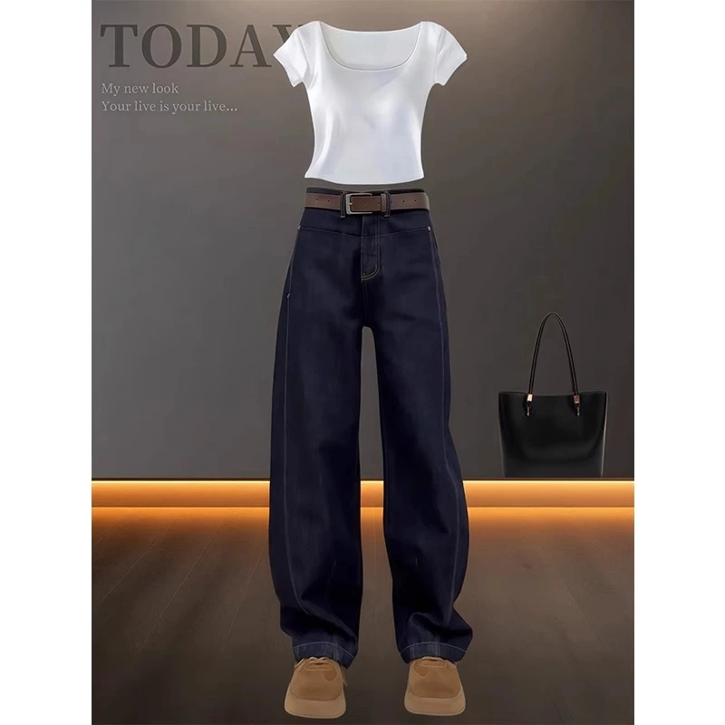 2025年春季新款窄版弯刀牛仔裤女深蓝梨形身材阔腿显瘦胖mm香蕉裤