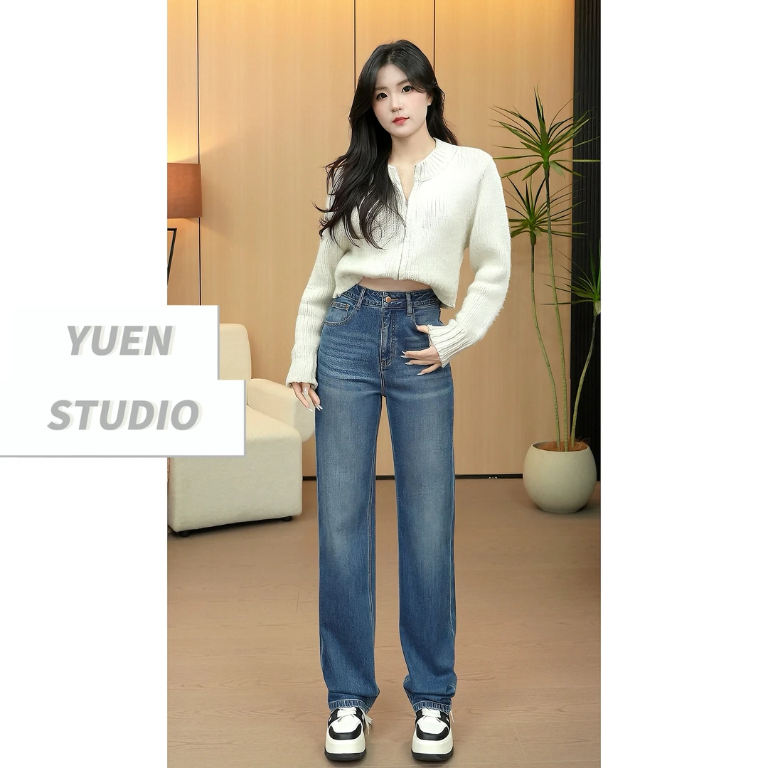 【YUEN】· 蓝采和 ·2025新款秋冬加绒显瘦牛仔裤弹力窄版直筒阔腿裤