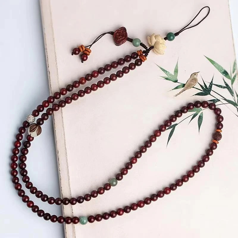 新款中国风木质小叶紫檀红木顺纹长款挂脖莲花款手机挂绳挂链复古