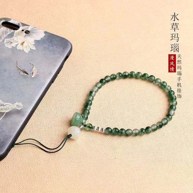 原创中国风天然水草玛瑙手机链挂绳复古短款手腕绳挂饰水晶挂件女