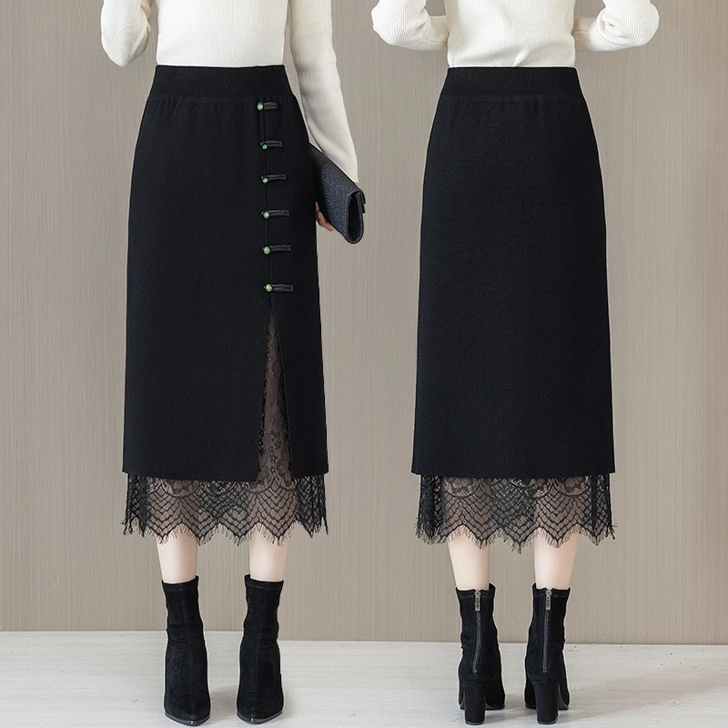 国风盘扣蕾丝拼接加厚半身裙秋冬中长款显瘦针织开叉一步包臀裙子