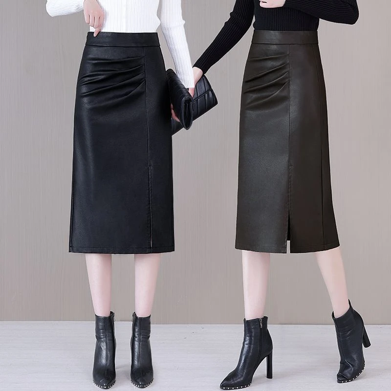 中长款PU皮开叉半身裙女秋冬季新款设计感包臀一步裙直筒黑色裙子