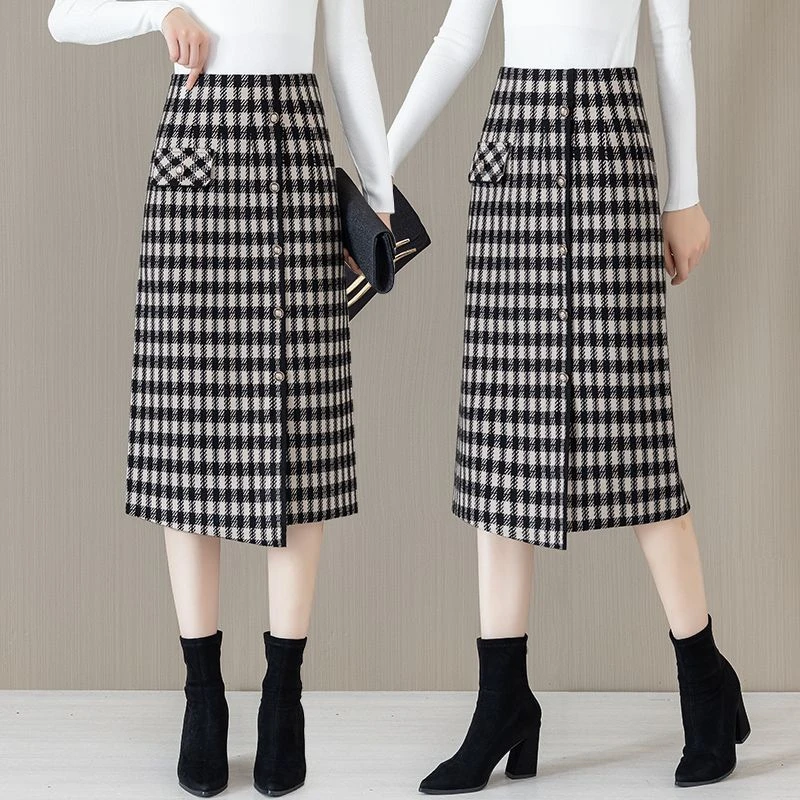 不规则小香风格子半身裙女中长款秋冬季新款显瘦开叉包臀一步裙子
