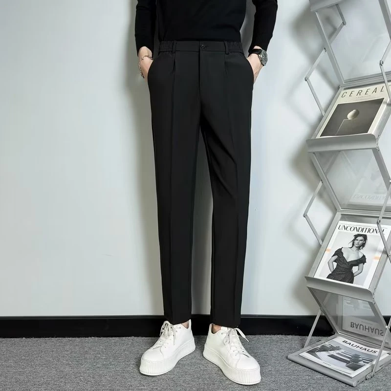 春夏秋垂感免烫半松紧腰休闲裤男潮牌直筒九分小西裤男裤子长裤男