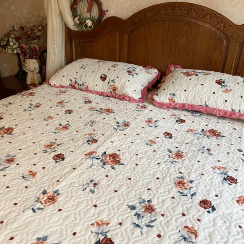 牛奶绒玫瑰绽放床盖床单水洗不起球2.0*2.2床盖床单