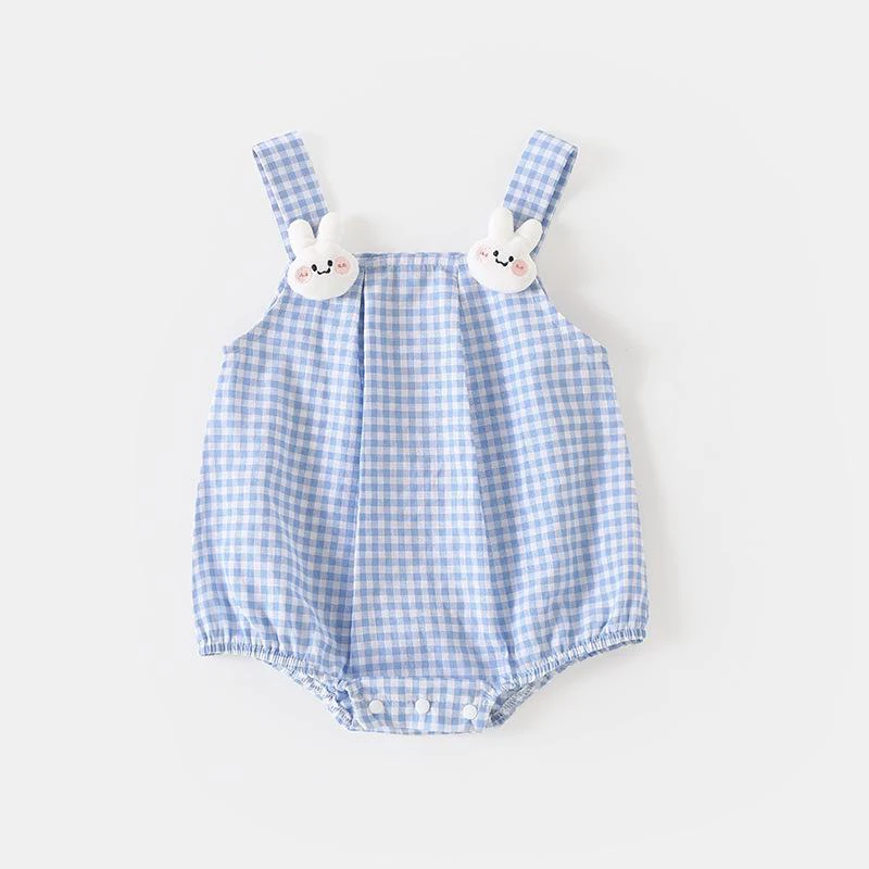 甜美蓝格系列薄款女宝宝吊带三角哈衣夏季外出连体包屁衣薄款