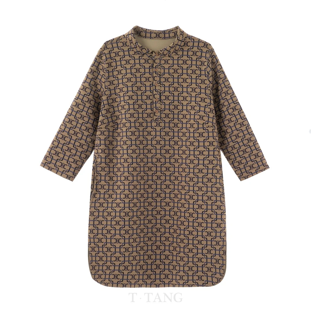 早秋季女士复古时尚气质百搭印花中长款翻领满印连衣裙【2757】jj