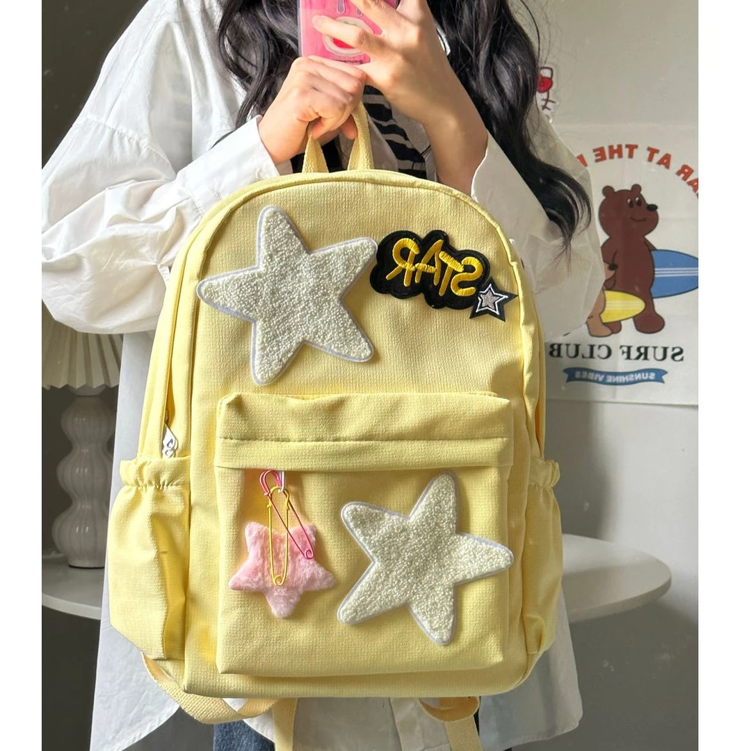 kaka自制校园甜辣妹奶黄色星星书包粉白撞色可爱质感大容量双肩包