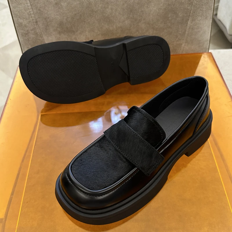 乐福鞋女方头厚底真皮百搭马毛软底软面一脚蹬粗跟英伦风小皮鞋潮