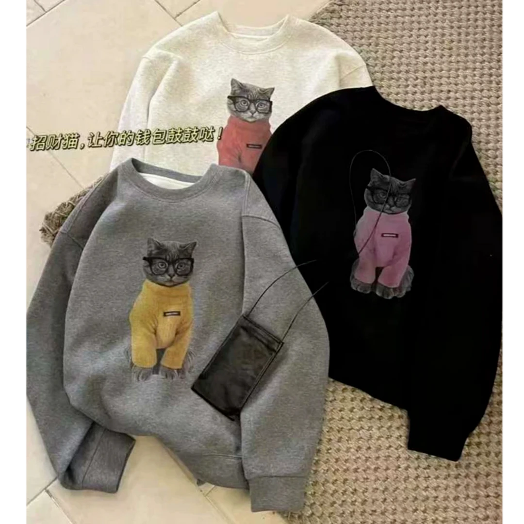 【猫咪卫衣】卡通加厚加绒卫衣日常好穿搭高级感圆领长袖上衣-11922