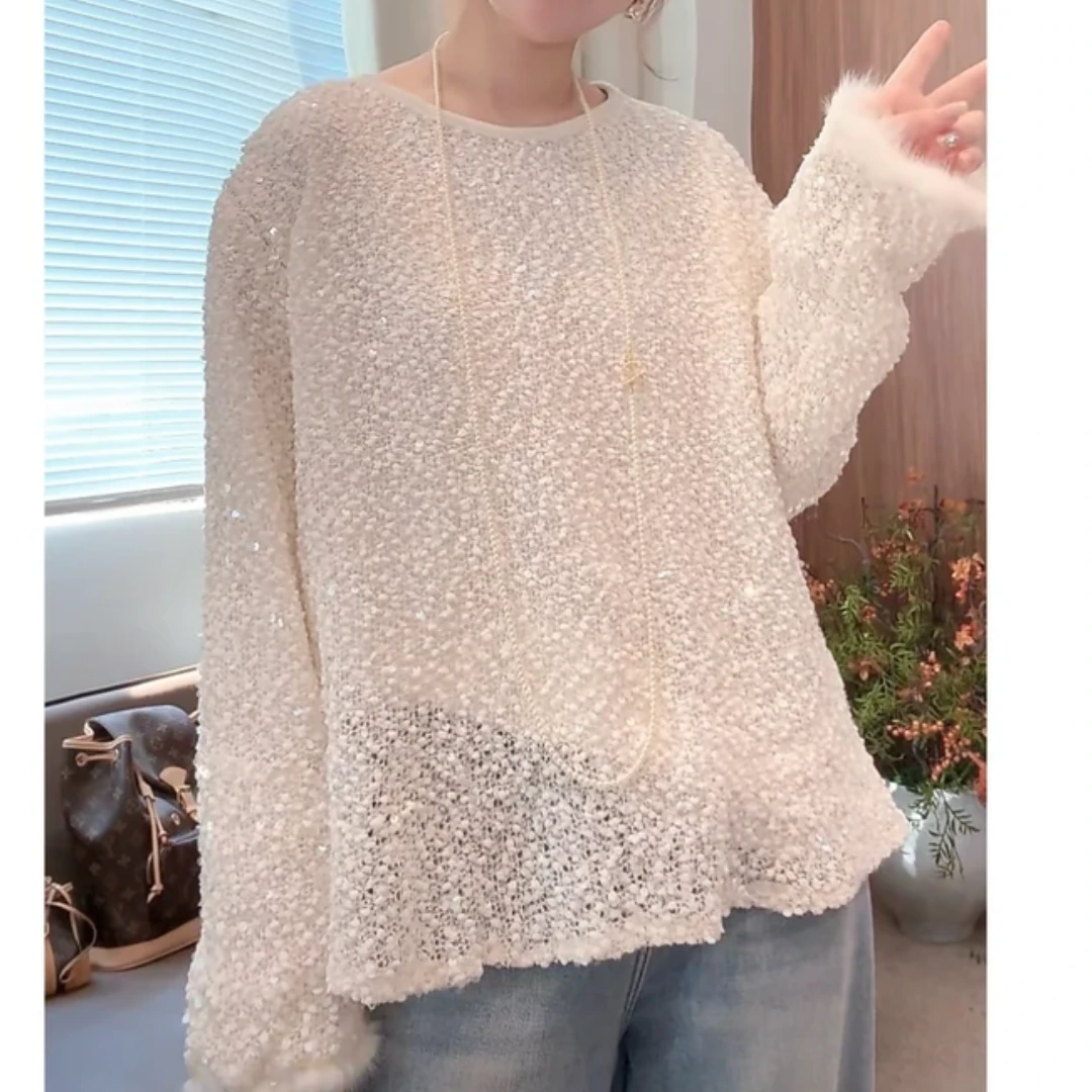 袖口水貂毛长袖T恤女秋冬季时尚小众复古法式圆领亮片上衣-11843