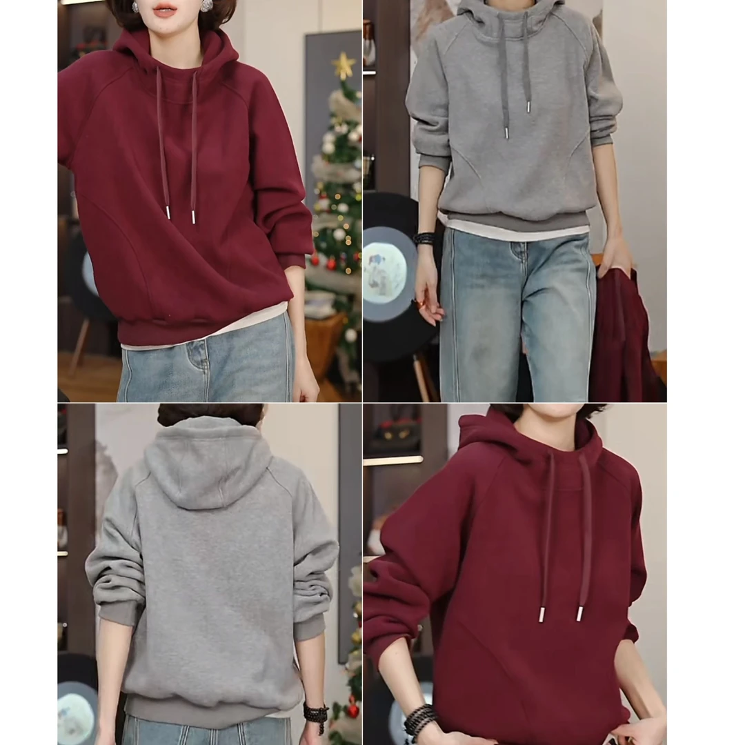 安可拉红加绒连帽卫衣休闲百搭加厚时尚冬季2024新款小众设计上衣