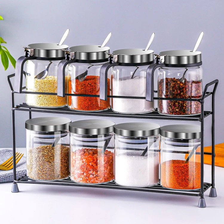 厨房置物架不锈钢盖玻璃调料套装调料密封罐厨房置物架组合调味瓶